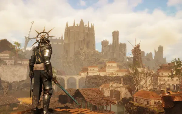 HD PC desktop wallpaper from the video game Tainted Grail: The Fall of Avalon, featuring a knight overlooking a medieval town with a large fortress in the background.
