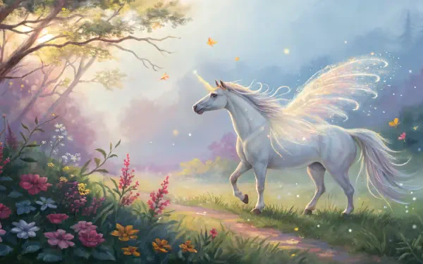 A majestic unicorn with glowing wings walks through a vibrant, enchanted forest, captured in stunning 4K Ultra HD for a magical creature PC desktop wallpaper.