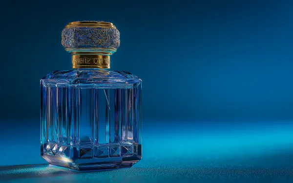 HD desktop wallpaper featuring a blue, man-made perfume bottle with intricate detailing and a gold-accented cap against a matching blue background.