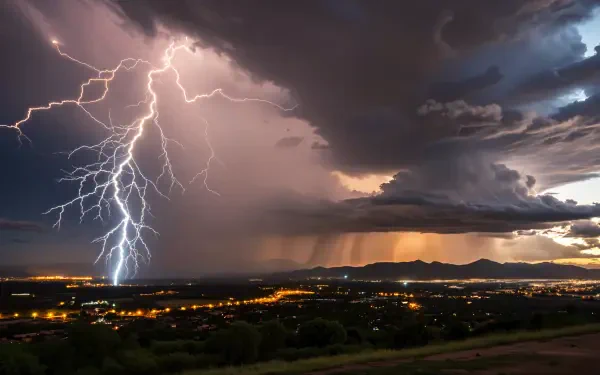 A dramatic lightning storm illuminates the night sky over a cityscape, captured in stunning 4K Ultra HD for a vivid PC desktop wallpaper.