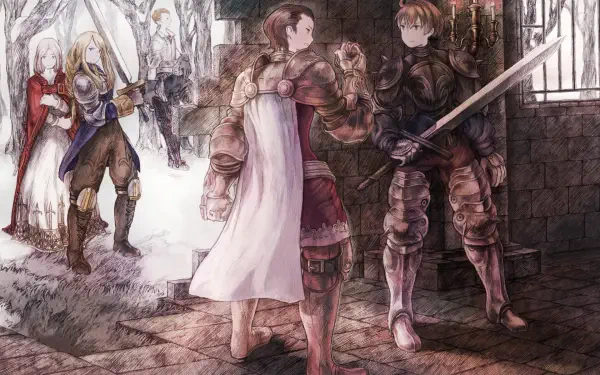 HD PC desktop wallpaper featuring armored knights from the video game Final Fantasy Tactics in a medieval setting, showcasing detailed armor and dynamic character poses.