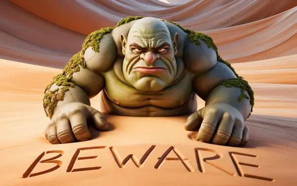 4K Ultra HD PC desktop wallpaper featuring a muscular, green ogre with moss patches, leaning forward over the word BEWARE carved in the sand.