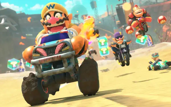 4K Ultra HD Mario Kart world scene featuring characters racing on rugged terrain in dynamic action, vibrant colors, and detailed video game graphics.