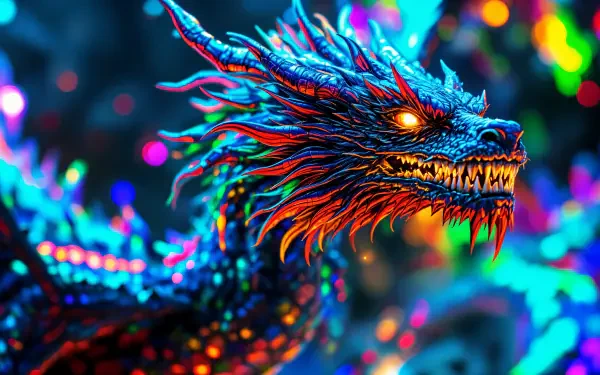A vibrant, glowing dragon with intricate scales and fiery eyes in vivid neon colors, designed as a 4K Ultra HD PC desktop wallpaper and background.
