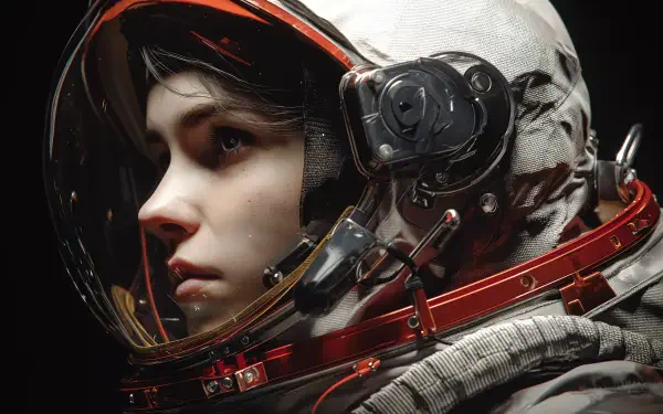 Close-up profile of a woman astronaut in a detailed sci-fi space suit helmet, captured in 4K Ultra HD for a PC desktop wallpaper background.
