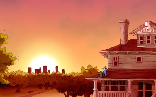 HD desktop wallpaper featuring Mordecai and Rigby from the TV show Regular Show sitting on a porch at sunset with a city skyline in the background.