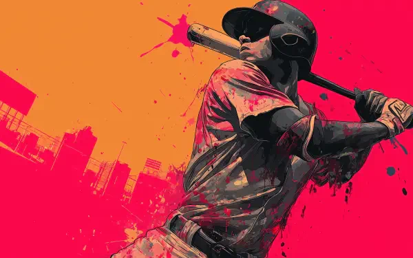 Vibrant HD sports wallpaper featuring a dynamic baseball player swinging a bat against a bold red and orange cityscape background.