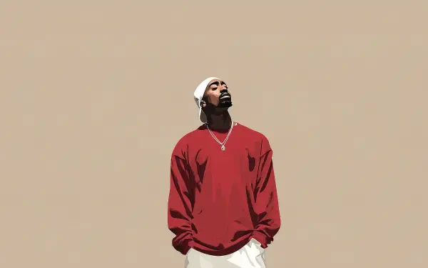 Minimalist HD PC desktop wallpaper featuring a rapper in a red sweatshirt and white headband, inspired by 2Pac's style against a plain beige background.