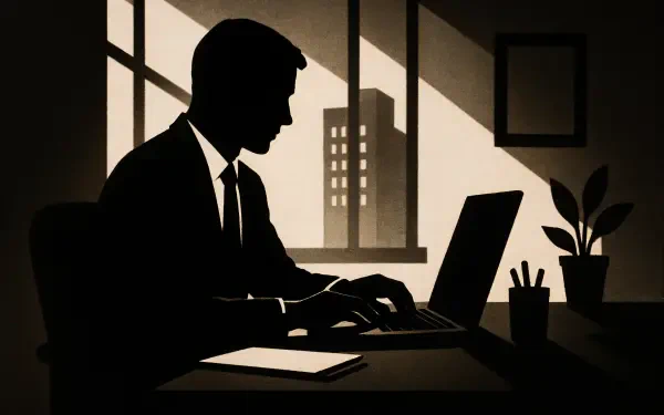 Silhouette of a professional in a suit working on a laptop in an office, captured in sharp 4K Ultra HD quality for a corporate job-themed desktop wallpaper.