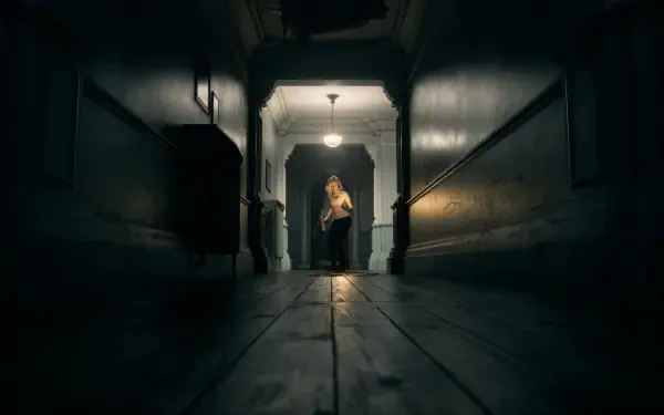 HD PC desktop wallpaper featuring a dark, eerie hallway scene from the video game Resident Evil Requiem, highlighting its suspenseful and atmospheric horror style.