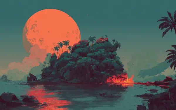 Artistic HD desktop wallpaper of a jungle island under a large orange moonrise, reflecting vibrant colors on the water in a serene nighttime landscape.