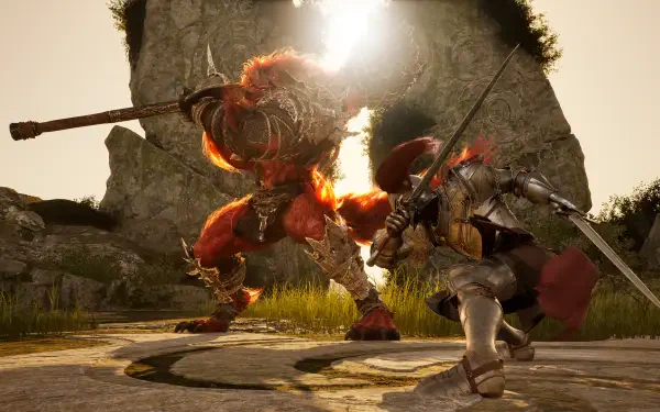 HD PC desktop wallpaper from the video game Vindictus: Defying Fate, featuring an intense battle between a warrior and a large, fiery beast in a rocky, sunlit setting.
