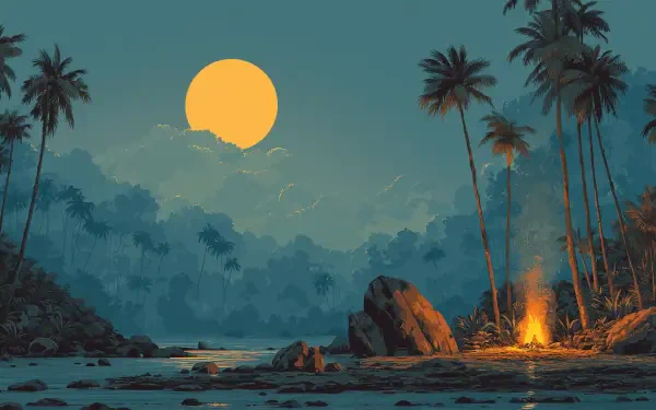 HD PC desktop wallpaper depicting a serene jungle scene with tall palm trees, a glowing bonfire, and a large full moon illuminating the night sky.
