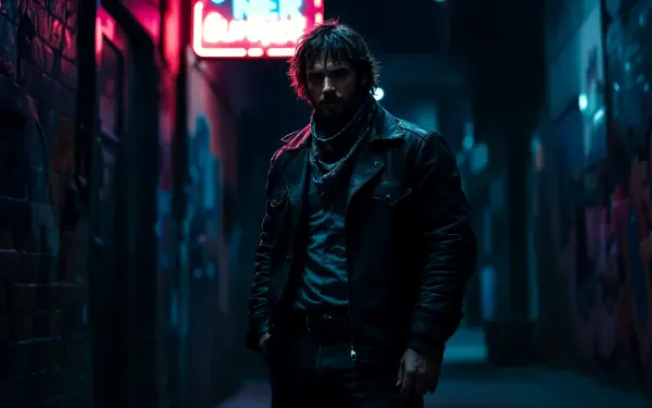 Dark, moody 4K Ultra HD PC wallpaper of a smuggler standing in a neon-lit alley, wearing a leather jacket and scarf, with an intense, mysterious vibe.