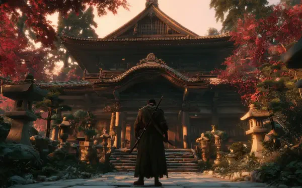HD gaming art of a samurai standing before a traditional Japanese temple surrounded by autumn foliage, captured as a detailed PC desktop wallpaper and background.