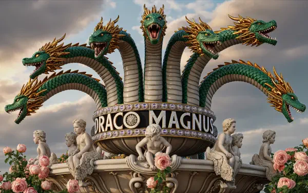 A 4K Ultra HD PC desktop wallpaper featuring a majestic multi-headed dragon sculpture with ornate golden details, surrounded by cherubs and pink roses under a cloudy sky.