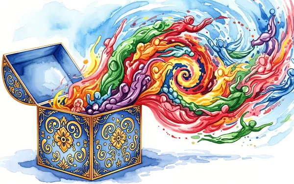 A vibrant 4K Ultra HD PC desktop wallpaper depicting an ornate Pandora’s Box unleashing a swirling burst of colorful, abstract smoke and shapes.