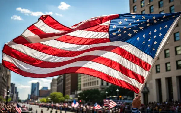 Vibrant 4K Ultra HD Flag Day wallpaper featuring a large American flag waving proudly against a cityscape backdrop during a sunny day parade.