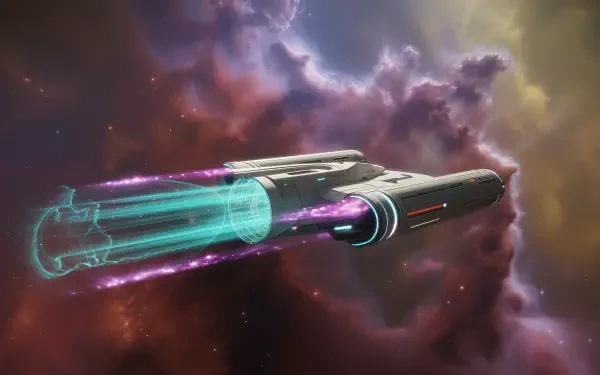 A 4K Ultra HD PC desktop wallpaper featuring a sleek spaceship activating its glowing warp drive against a vibrant cosmic nebula background.