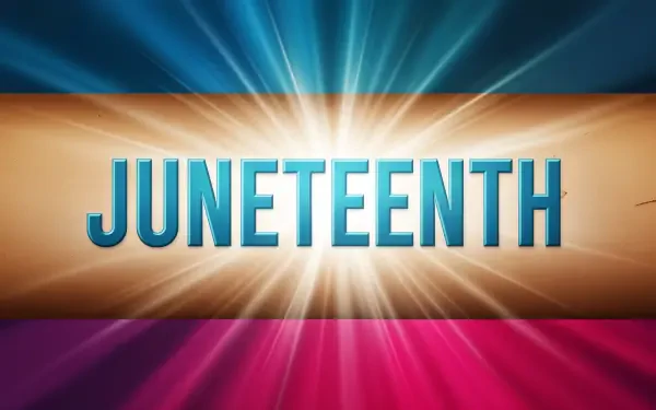 4K Ultra HD desktop wallpaper featuring JUNETEENTH in bold letters with radiant light beams and a vibrant tricolor background.