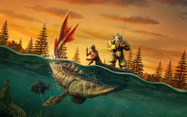 4K Ultra HD Fallout 76 PC desktop wallpaper showing two characters in power armor and combat gear by a riverbank with a large aquatic creature beneath the water.
