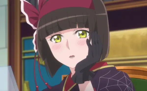 HD PC desktop wallpaper featuring Mio from the anime Tsukimichi: Moonlit Fantasy, showcasing her expressive green eyes and distinctive dark hair with a red bow.