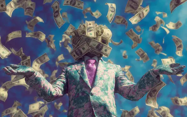 A surreal 4K Ultra HD desktop wallpaper showing a person in a patterned suit with a stack of money for a head, surrounded by floating dollar bills, symbolizing greed.