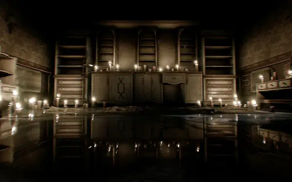 HD PC desktop wallpaper from the video game The Dark Occult, featuring a dimly lit, candle-filled room with shelves and dark, eerie ambiance.