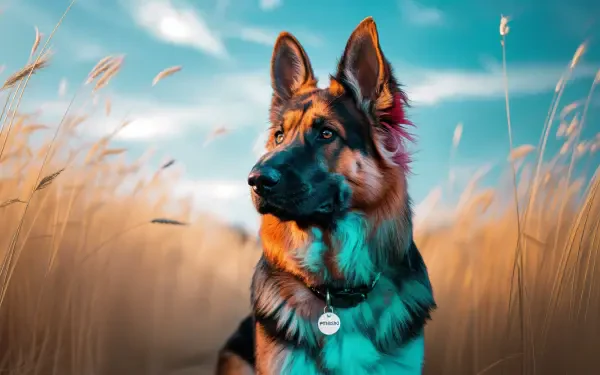4K Ultra HD PC desktop wallpaper featuring a detailed portrait of a German Shepherd dog in a golden field under a vibrant sky.
