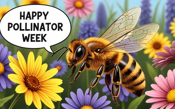4K Ultra HD desktop wallpaper featuring a detailed bee pollinating vibrant flowers with a Happy Pollinator Week message in a speech bubble.