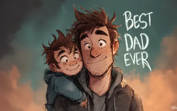 Illustration of a father and child smiling together with Best Dad Ever text, designed as a vibrant 4K Ultra HD PC desktop wallpaper background.