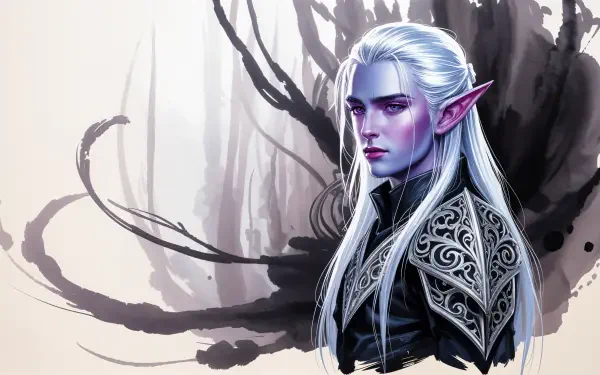 4K Ultra HD PC wallpaper of a dark elf with pale skin, long white hair, and intricate armor, set against an abstract monochrome background.