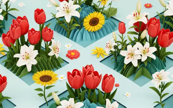 4K Ultra HD desktop wallpaper featuring a vibrant flower pattern with red tulips, white lilies, sunflowers, and small colorful blooms on a light blue background.