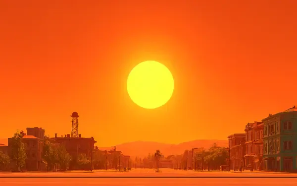 A vibrant 4K Ultra HD desktop wallpaper capturing the intense summer sun on a hot day above an urban landscape at sunset.
