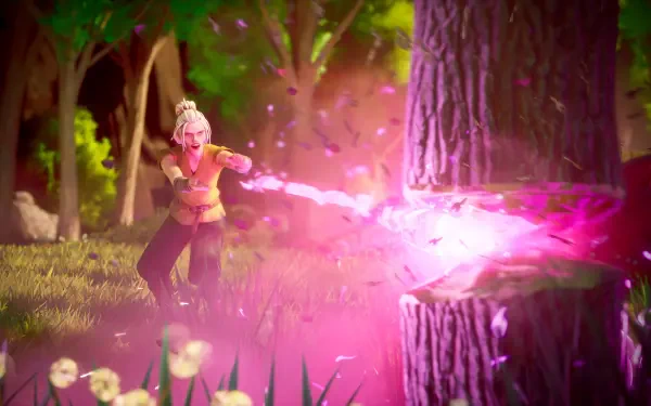 HD PC desktop wallpaper from the video game RuneScape: Dragonwilds showing a character casting a bright pink magical spell in a vibrant forest setting.
