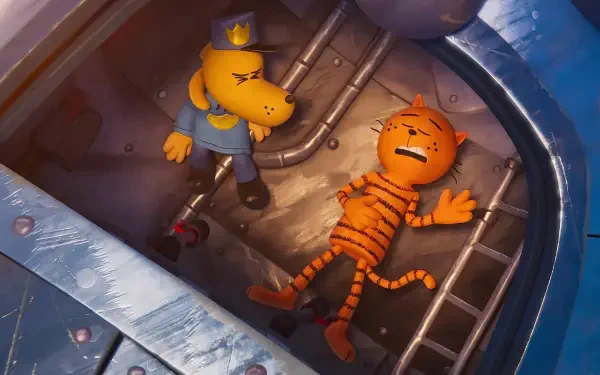 HD PC desktop wallpaper featuring characters from the movie Dog Man (2025), showcasing a dog in a police uniform and a distressed orange cat in a metallic setting.