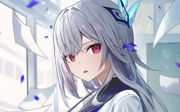 HD PC desktop wallpaper featuring Skirk from the video game Genshin Impact, showcasing her silver hair, red eyes, and intricate blue butterfly hair accessory.