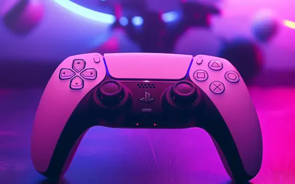 HD PC desktop wallpaper featuring a PlayStation 5 controller illuminated by vibrant purple and pink neon lighting.