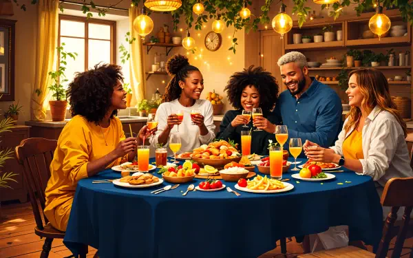 Cheerful group sharing a joyful meal around a table in a warmly lit dining room, captured in vibrant 4K Ultra HD for a lively PC desktop wallpaper.