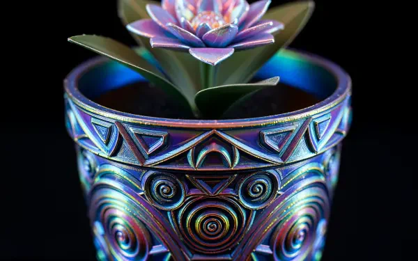 Close-up of a vibrant, intricately designed flower pot with a colorful flower, captured in 4K Ultra HD for a striking PC desktop wallpaper background.