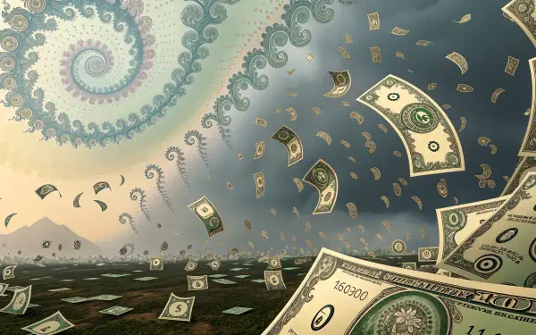 4K Ultra HD PC desktop wallpaper showing a surreal scene of raining money with a swirling fractal background in muted green and blue tones.