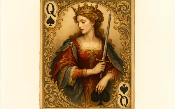 Queen of Spades playing card featuring a detailed, classical painting of a crowned woman holding a sword, designed as a 4K Ultra HD PC desktop wallpaper.