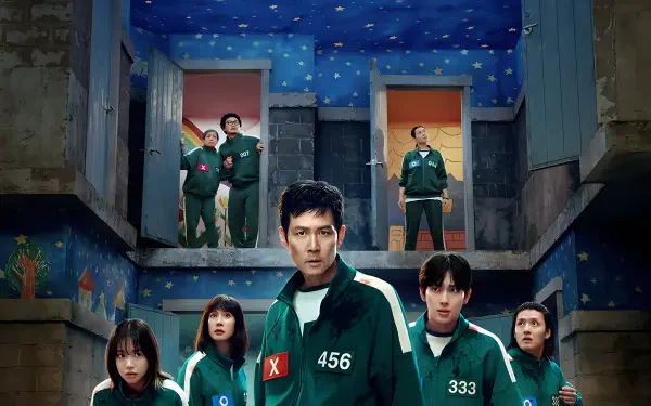 Squid Game TV show: ensemble of contestants in green tracksuits (numbers 456, 333) standing in a grim dorm hallway — 4K Ultra HD PC desktop wallpaper and background.