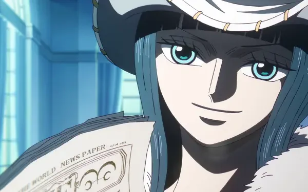 HD PC desktop wallpaper and background: anime One Piece's Nico Robin smiling in a wide-brimmed hat, teal eyes and blue hair, holding a newspaper in a softly lit interior.