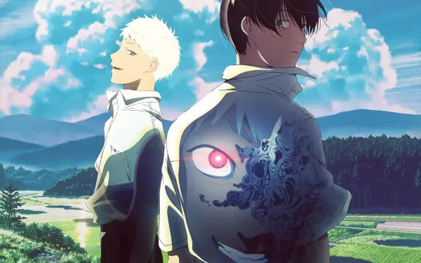 HD anime desktop wallpaper from The Summer Hikaru Died featuring Tsujinaka Yoshiki and Indou Hikaru against a scenic countryside backdrop.