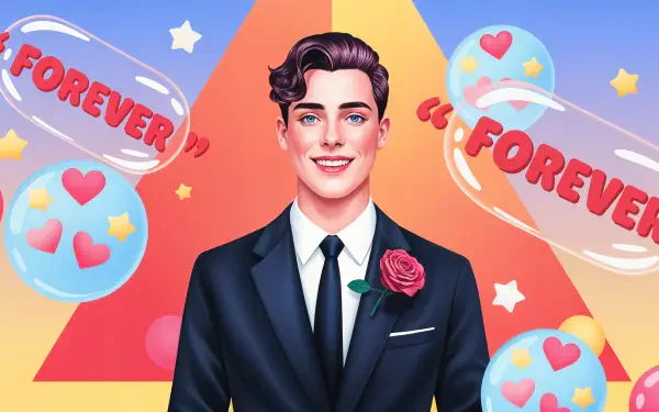 4K Ultra HD PC desktop wallpaper featuring a smiling fiancé in a suit with a rose, surrounded by hearts and FOREVER speech bubbles against a vibrant background.