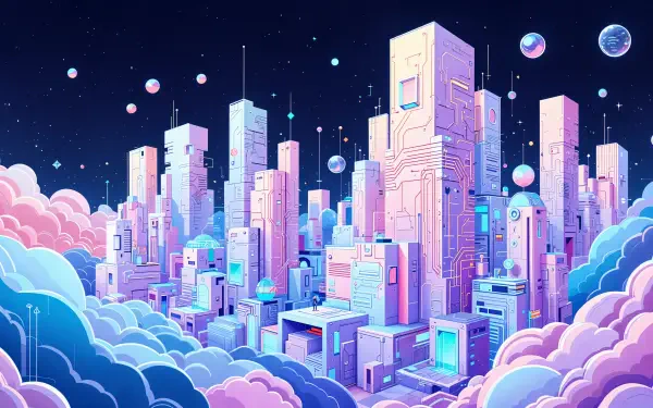 A vibrant cyberspace cityscape with futuristic buildings and floating spheres, depicted in a detailed 4K Ultra HD PC desktop wallpaper style.