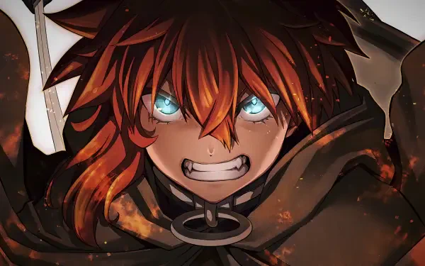 Close-up of an intense character with fiery red hair and glowing blue eyes from the manga Blade & Bastard 3, rendered in vivid 4K Ultra HD for PC desktop wallpaper.