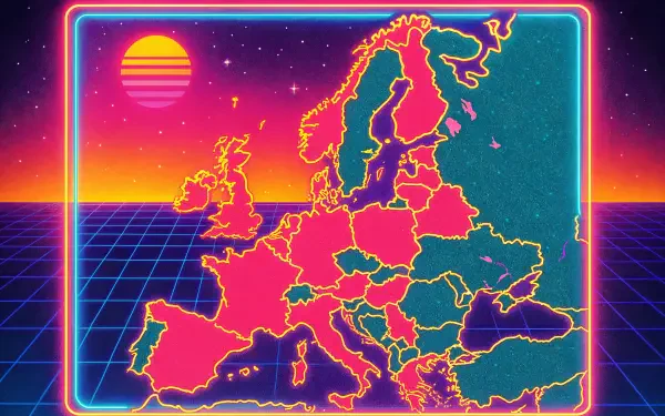 A vibrant 4K Ultra HD desktop wallpaper featuring a neon-outlined Europe map against a retro grid background with a stylized sunset in the distance.