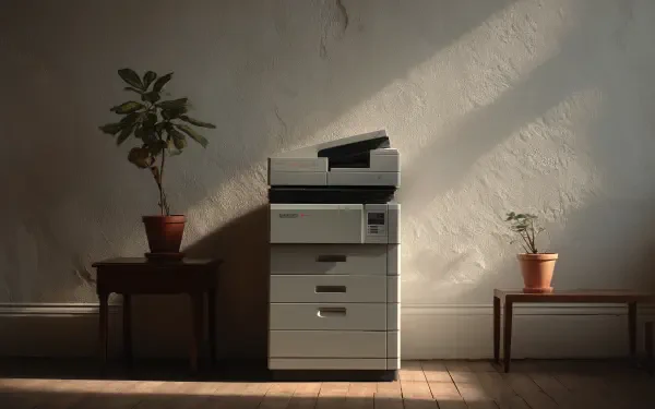 4K Ultra HD image of a photocopier placed between two wooden tables with potted plants, set against a textured wall with dramatic light and shadow.